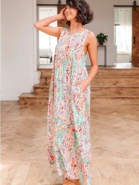 Ott "When In Rome" Abstract Floral Maxi Dress Pockets 2X EUC
